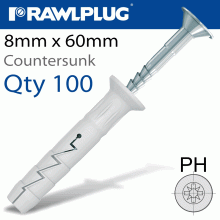 RAWLPLUG Nyl Hammer-In Fixing 8X60Mm + Csk Head X100 -Box